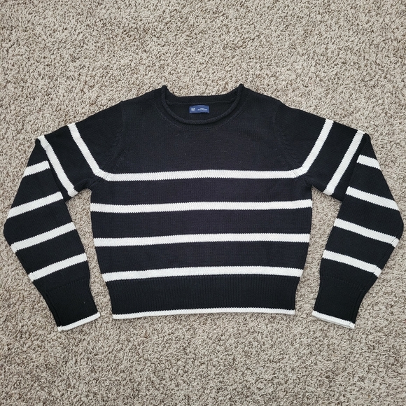 GAP Sweaters - Gap Shrunken Roll Neck Sweater Black Ivory Striped 100% Cotton Crew Size Small